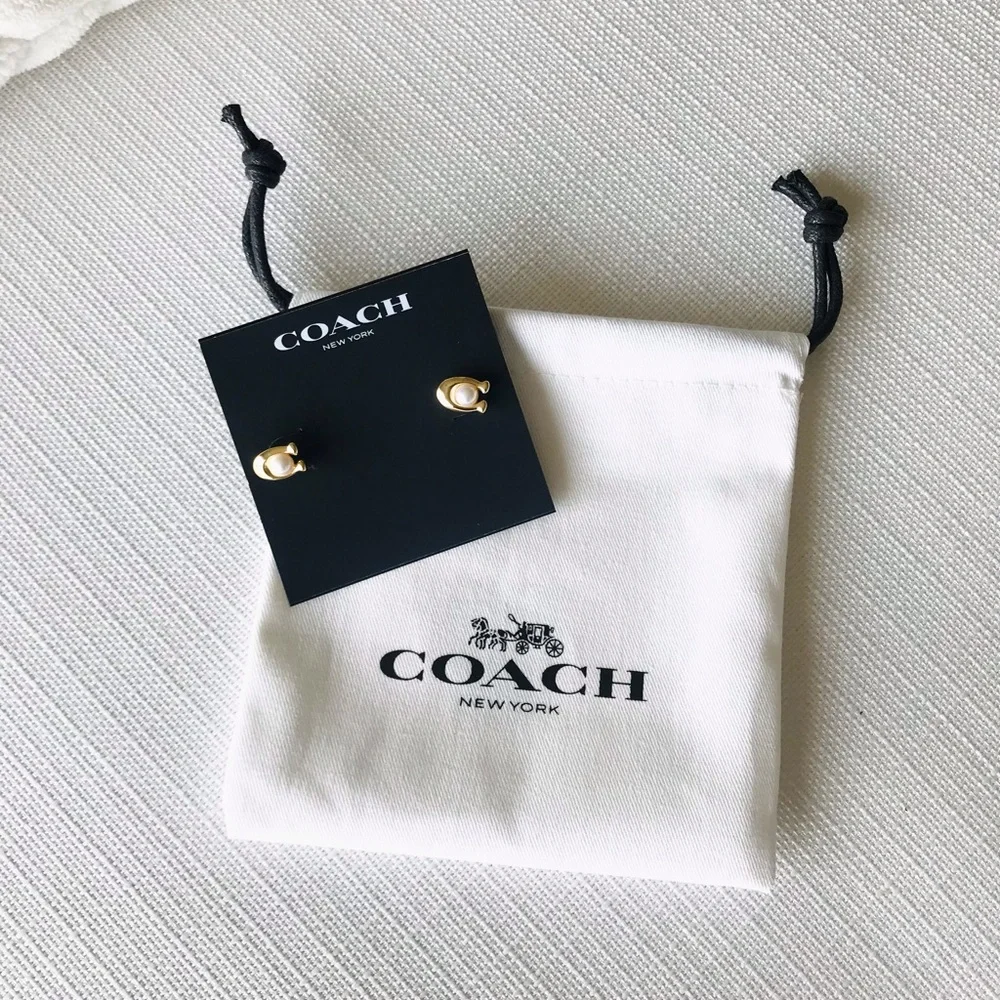 Coach Faux Pearl Gold C Stud Earrings, NWT - Picture 14 of 14